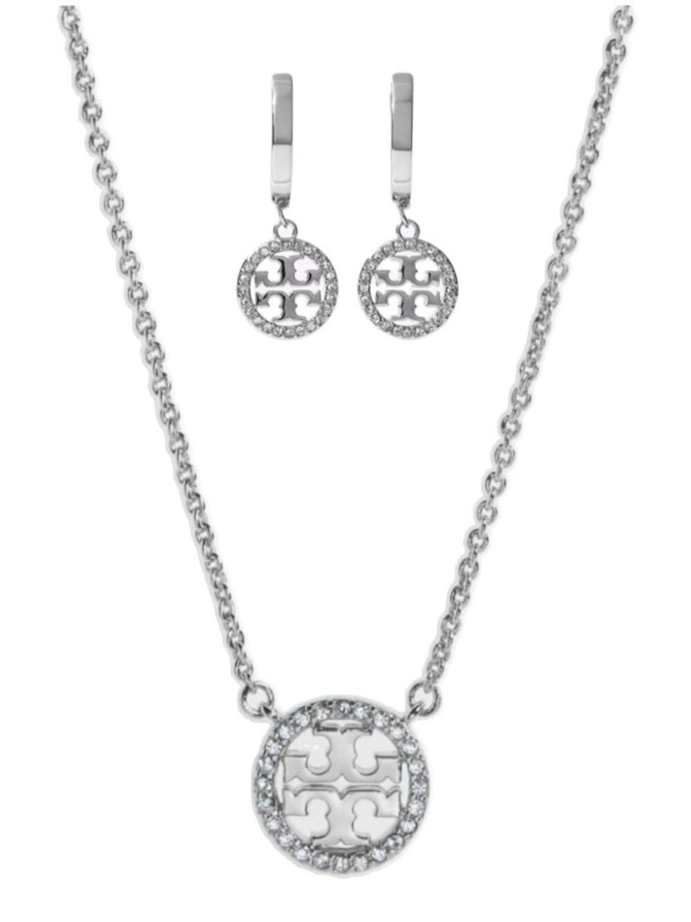 Tory Burch Silver Miller Logo Pave Chainlink Necklace & Dangle Earring S